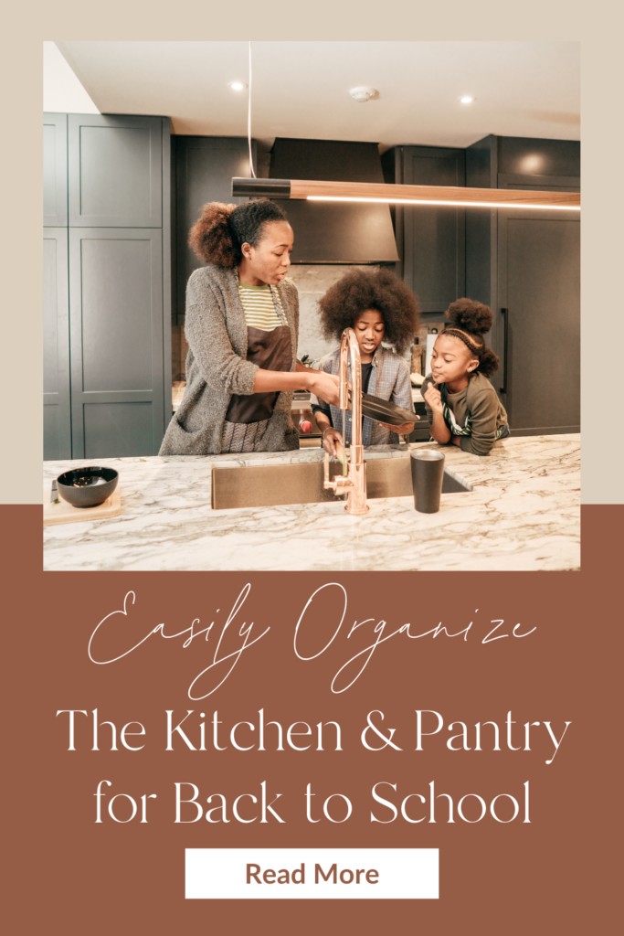 Mother and children at kitchen sink. Easily organize kitchen and pantry for back to school. www.thesortedstandard.com